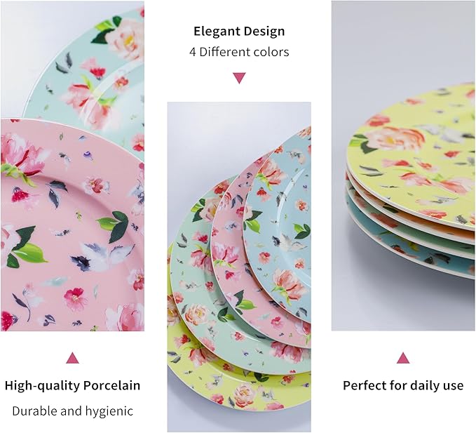 8-Inch Porcelain Dessert Plates, Set of 8 - Floral Decorative Ceramic Plates for Appetizers, Salads, or Dinner, Colorful & Elegant Design