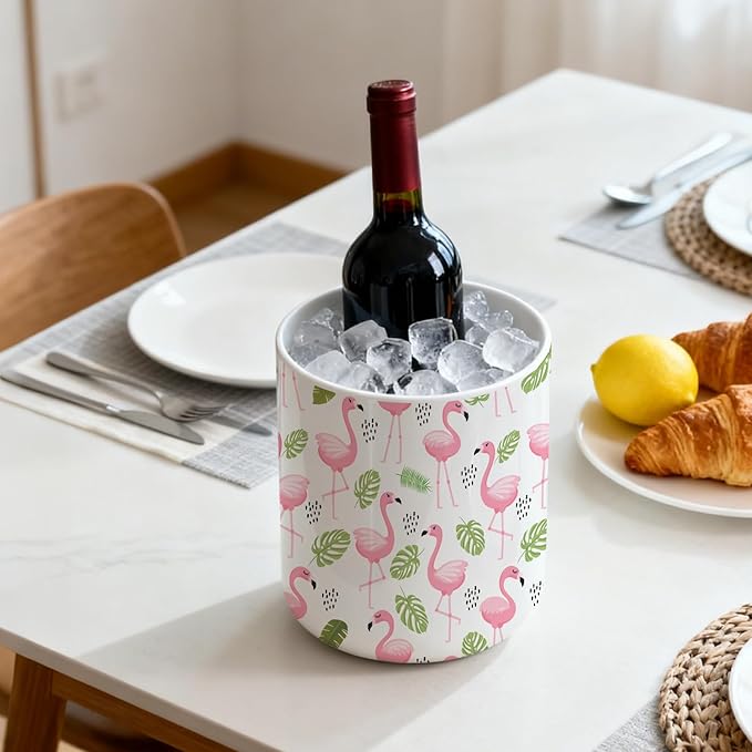 Utensil Holder,Pink Countertop Ceramic Utensil Holder Large Cooking Utensil Crocks for Kitchen Counter Decor, Morden Organizer,Ceramic Vase for Kitchen Utensils, Spatula Rack,6.3"+4.7"(Flamingos)