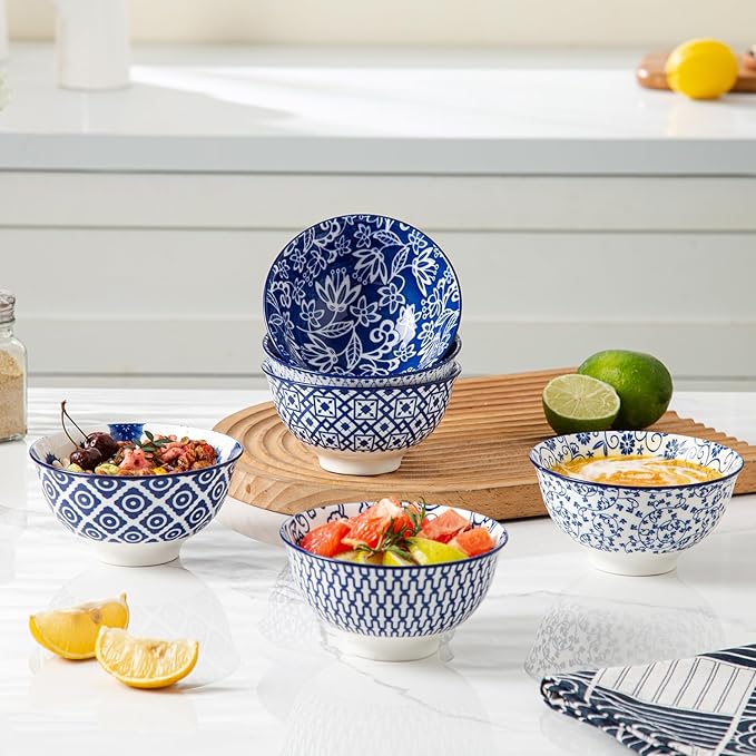 Ceramic Dessert Bowls Set - Small 12 Oz Ice Cream Bowls, 4.75 Inch Cereal Bowls for Snack, Fruit, Dipping Sauce, Side Dishes - Microwave Dishwasher Safe - Set of 6 - Vintage Blue