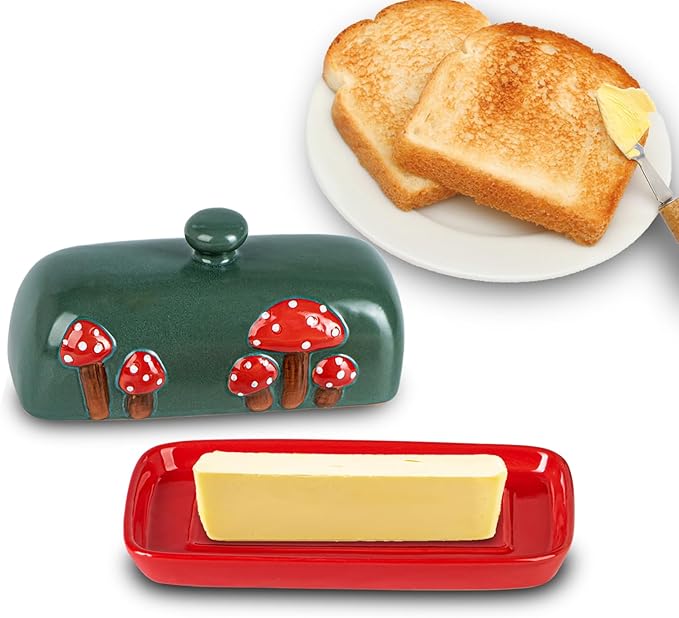 Mushroom Ceramic Butter Dish With Lid for Countertop - Red Container Tray, Large Covered