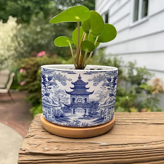 Chinoiserie Blue Asian Planters Ceramic Chinoiserie Chic Asian Round Plant Pots with Drainage Holes and Bamboo Tray Pot for Indoor Outdoor Garden