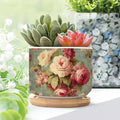 Set of 3 Cottage Chic Antique Pink Flower Small Succulents Pots Pink Cabbage Roses Romantic Planters Ceramics with Drainage Holes Chinoiserie Asian Cactus Planter for Indoor