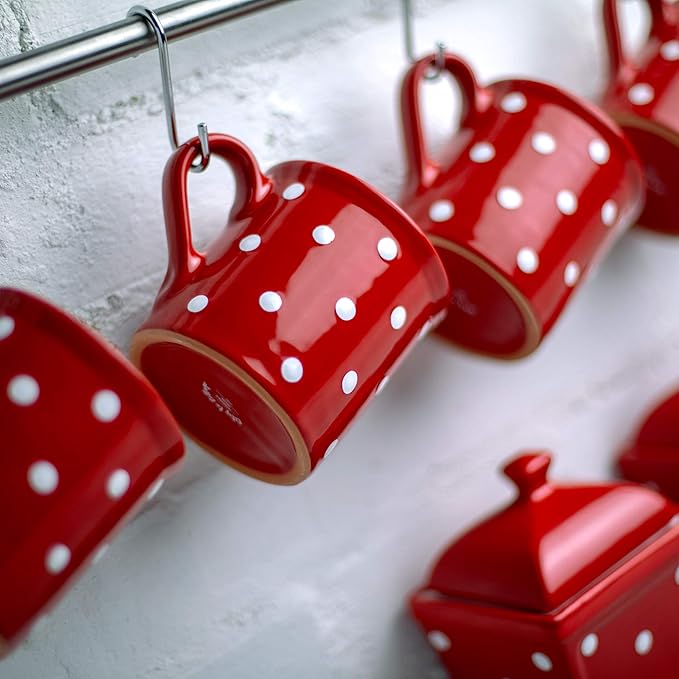 City to Cottage Handmade Red and White Polka Dot Ceramic Extra Large 17.5oz/500ml | Hot Chocolate, Coffee, Tea Mug, Cup with Handle Unique Designer Pottery Gift for Tea Lovers