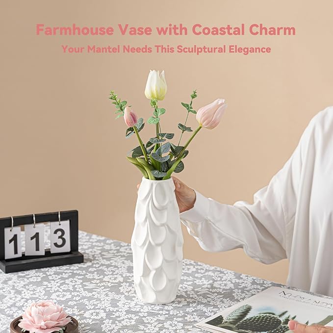 Scalloped Scale Vase - White Matte Ceramic with Textured Sculptural Design, 10.5" Unique Flower Vase for Centerpieces,Decorative Boho Vase for Living Room/Office,Ideal Valentine Gift for Art Lovers