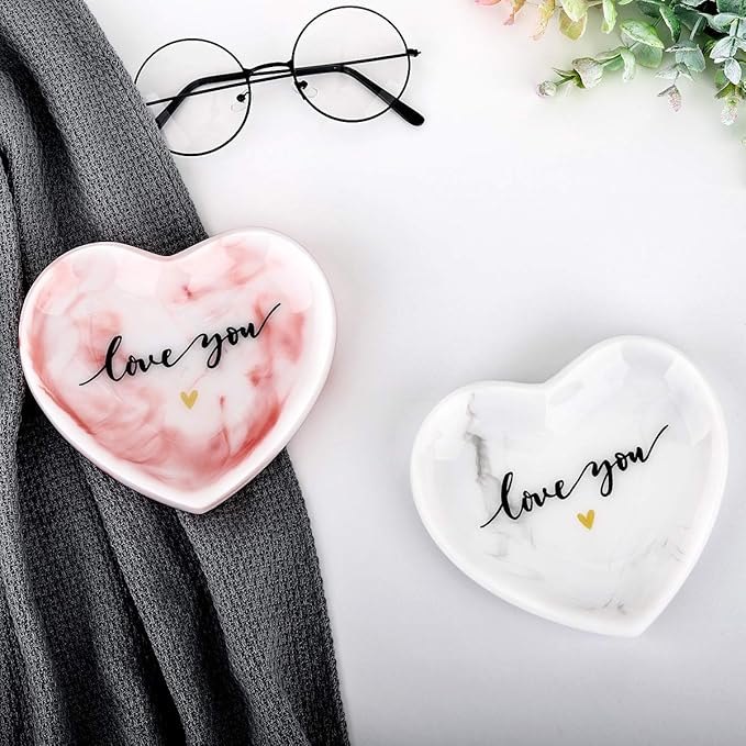 Emibele Jewelry Tray Dish, Heart Shaped Ring Dish Decorative Trinket Plate with Words - Love You Romantic Gifts for Her Mom Daughter Sister Best Friend, White Marble