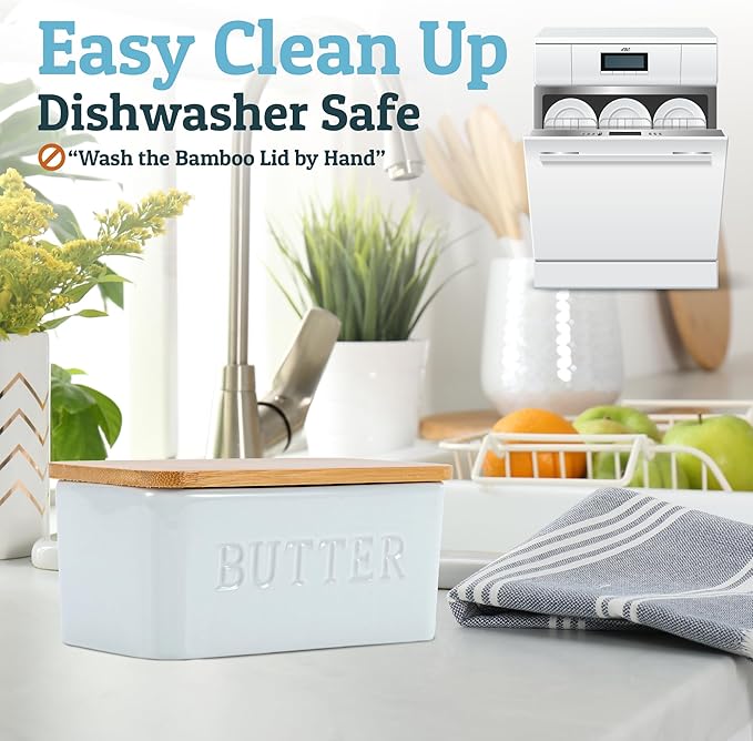 PriorityChef Extra Large Butter Dish with Lid for Countertop, Ceramic Butter Container With Airtight Cover, Butter Keeper for Counter or Fridge, Butter Holder Storage, White