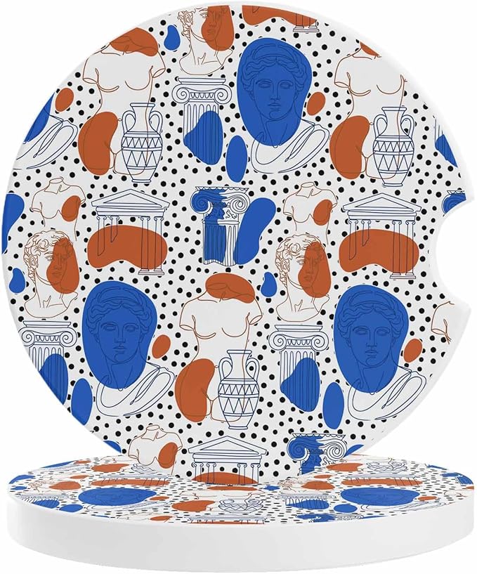 Pop Art Style Car Coasters Pack of 2 Blue Red Classical Sculptural Heads Polka Dot Absorbent Ceramic Car Cup Holder Coaster Insert Drink Holder SUV Interior Accessory with Finger Notch