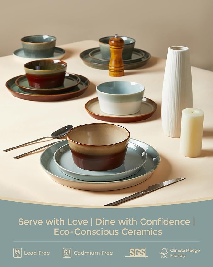 Dinnerware Sets for 6, Ceramic Plates and Bowls Set, Modern Artisan Dish Set, Microwave & Dishwasher Safe Dishware Set, Chip & Scratch Resistant Dinner Sets, Gradient Green