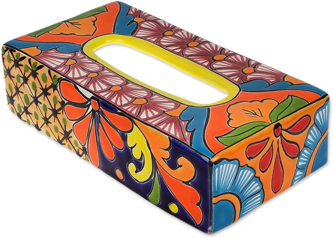NOVICA Artisan Crafted Ceramic Tissue Box | Talaverastyle Cover Floral | Multicolor Decor Accessories | Vanity Folk Art | Floral Motifs | Mexico ' Hacienda Convenience' 2.8" H x 11" W x 5.75" D