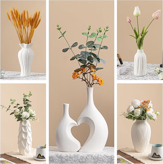 White Ceramic Vase for Home Decor – Minimalist Decorative Vase for Living Room & Office,7.2" Vase for Pampas Grass & Centerpieces, Modern Unique Flower Vase Gift for Friends or Yourself