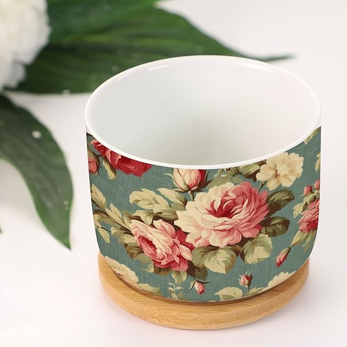 2 Piece Planters Ceramics Pink Cabbage Roses Romantic Small Ceramics Planter Cottage Chic Antique Pink Flower Ceramics Round Planter Asian Scenery Chinoiserie Plant Pot with Drainage