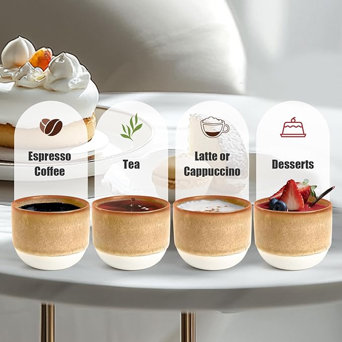 INGOFIN Ceramic Espresso Cup Set - Espresso Cup Set for Coffee and Tea, Espresso Accessories for Espresso Machine, Coffee Mug for Cafe, and Restaurant, Pack of 4, Brown, Microwave & Freezer Safe