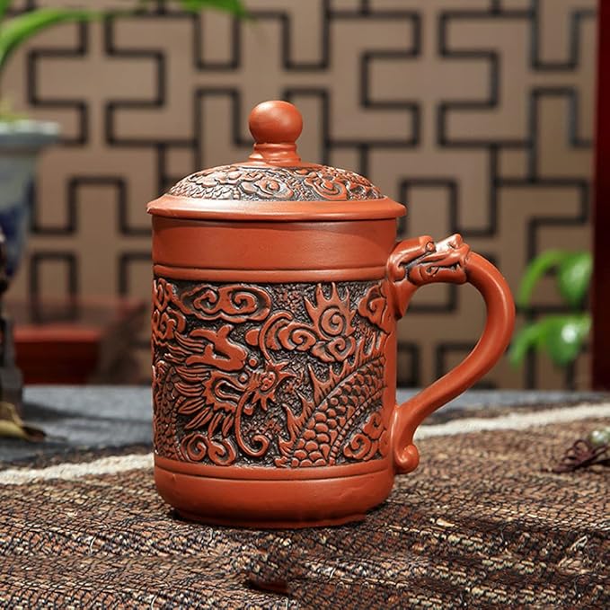 Ceramic Teacup, Chinese Hand Painted Purple Clay Tea Mug with Lid and Infuser, (13oz) Zisha Water Mug Drinkware for Office Home (red dargon)