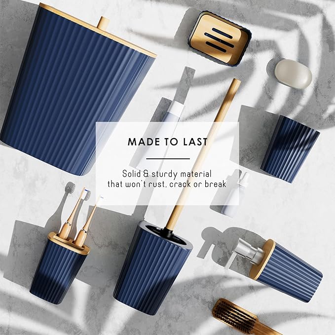 Clara Clark Bathroom Set - Navy Blue Bathroom Accessories Set, 6PC Bathroom Accessory Set, Bathroom Sets with Bathroom Rugs, Toilet Brush, Trash Can & Soap Dispenser