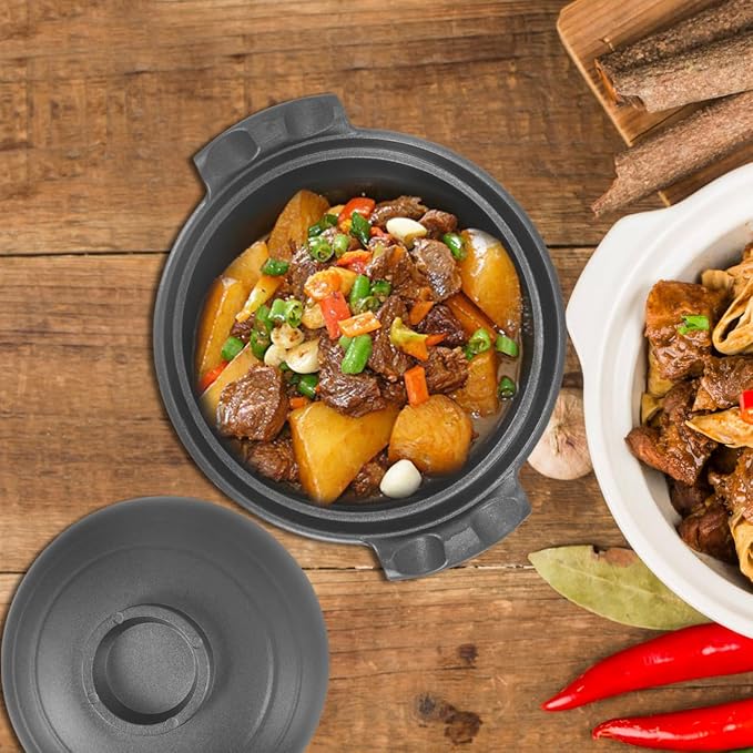 PartyKindom 16cm Ceramic Casserole Dish with Lid - Small Porcelain Cooking Pot for Individual Bibimbap, Soup and Stew - Oven & Gas Safe Stone Bowl for Korean & Japanese Cuisine, Black