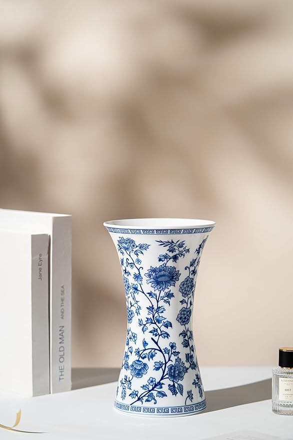 Modern Blue and White Porcelain Vase - Chinoiserie Ginger Jar for Home Decor, Floral Arrangement, 11-Inch Height Handcrafted Ceramic Vase