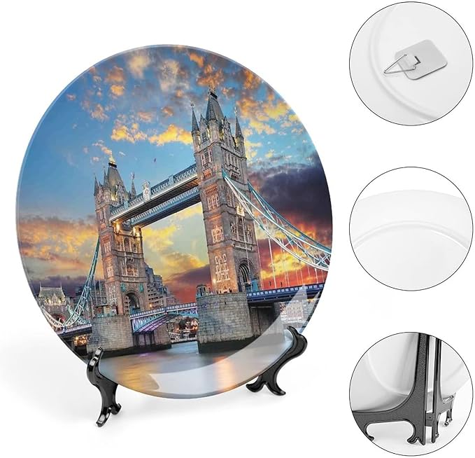 XISUNYA 8 Inch Decorative Plate, London Ceramic Plate, Vista of Tower Bridge at Dramatic Sunset Thames River Print Ornament Display Plate Handmade Plate Wedding Gifts, Light Blue Yellow Tan