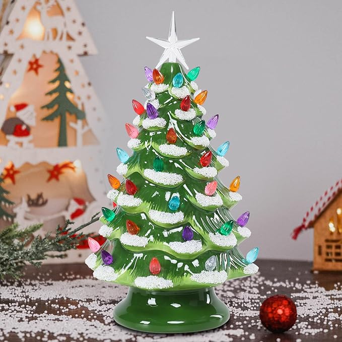VCUTEKA Small Ceramic Christmas Tree Hand-Painted Vintage Tabletop Green White Christmas Tree Holiday Decoration with Multi-Color Lights Xmas Trees 12 inch