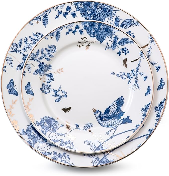 Porcelain Dinner Plates 4 Pieces, Floral Plates 8 Inch & 10 Inch Ceramic Dessert Plate Blue and White Floral Dinnerware Set Salad Plate Set for Kitchen Dishes for Appetizer, Salad, Steak, Pancakes