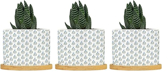 Blue Floral Ceramic Planters Mughal Flower Pots for Plants with Drainage Holes and Saucers Pot for Indoor Outdoor Garden