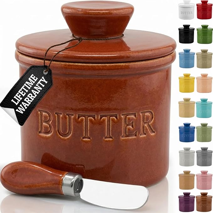 PriorityChef Butter Crock with Lid with Water Line,Ceramic French Butter Dish to Leave On Counter, Rust
