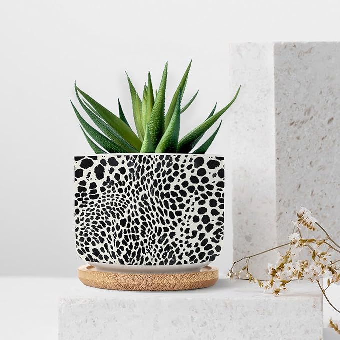 DreamAutumn Black and White Cheetah Leopard Print Animal Skin Pattern Ceramic Pots for Plants with Drainage Holes Round Flower Pot Bamboo Tray Orchid Pot Succulents Pots for Outdoor Indoor Plants