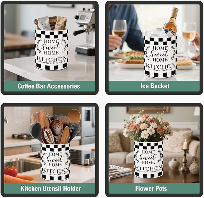 Checkered Kitchen Decor, 6.5inch Ceramic Utensil Holder with Checkered Design, Rustic-Style Indoor Kitchen Utensil Storage Rack, Ideal for Spoon Storage and Cooking Tools, Gift for Kitchen Organizers