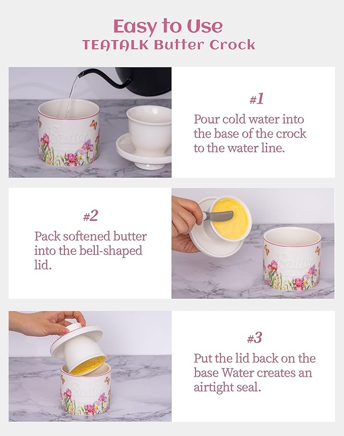 TEATALK French Butter Keeper - Vintage Boho Ceramic Butter Crock for Counter, Colorful Floral Porcelain Butter Dish with Lid, Stay Soft Spreadable Butter Container, 6.7 oz Aesthetic Kitchen Decor