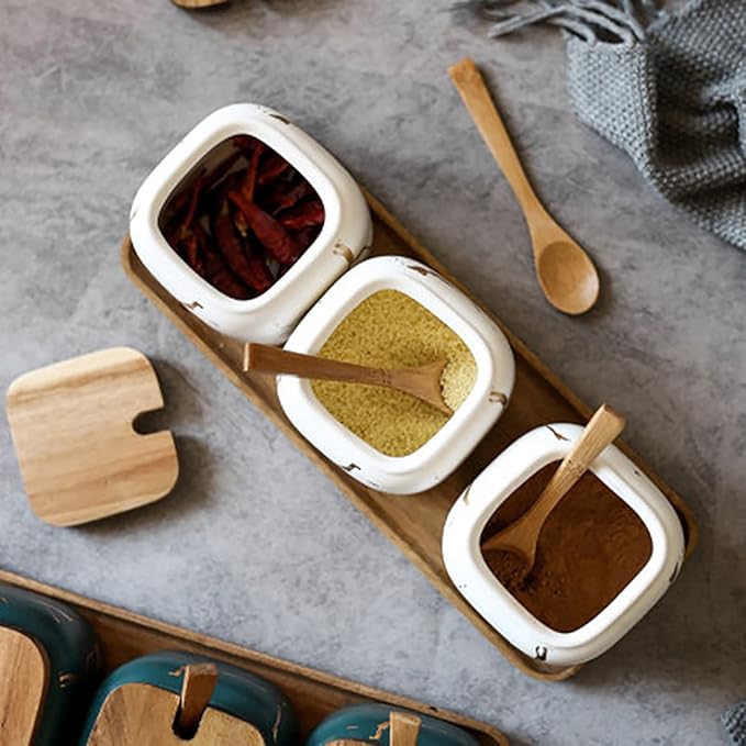 Ceramic Spice Jars Porcelain Condiment Jars Set Marble Ceramic Seasoning Box 3pcs Condiment Pots for salt, sugar, pepper Kitchen Seasoning Condiment Jar Set