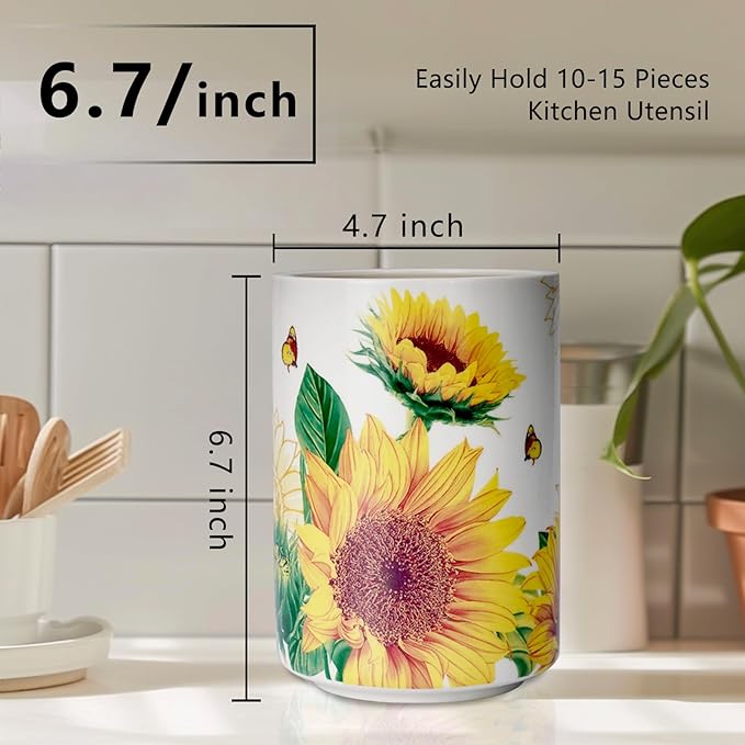 Sunddo Sunflower Utensil Holder, 6.7" Large Utensil Crock, Ceramic Cooking Utensil Holder for Kitchen Counter, Utensil Organizer for Kitchen Decor