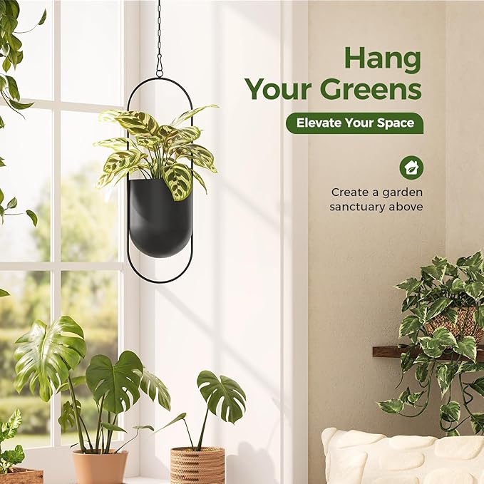 Bamworld Hanging Planters for Indoor Outdoor Plants Metal Hanging Pots for Plants 5.5 Inch Modern Hanging Baskets Window Plant Hanger Ceiling Hanging Flower Pots with Chain for Wall Decor (Black)