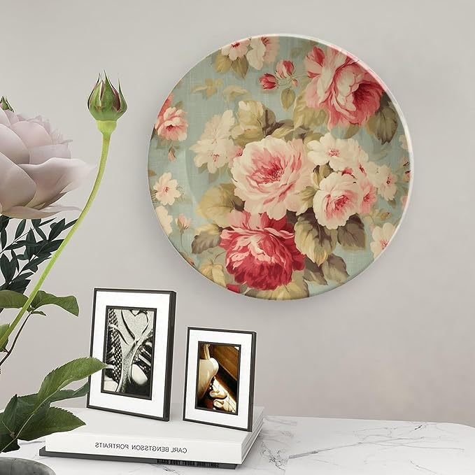Ceramic Decorative Plate Pink Cabbage Roses Romantic Aqua Personalized Decor for Office Wall Art Decoration Ceramic Hanging Decorative Plate Including Bracket And Special Hook, Gifts