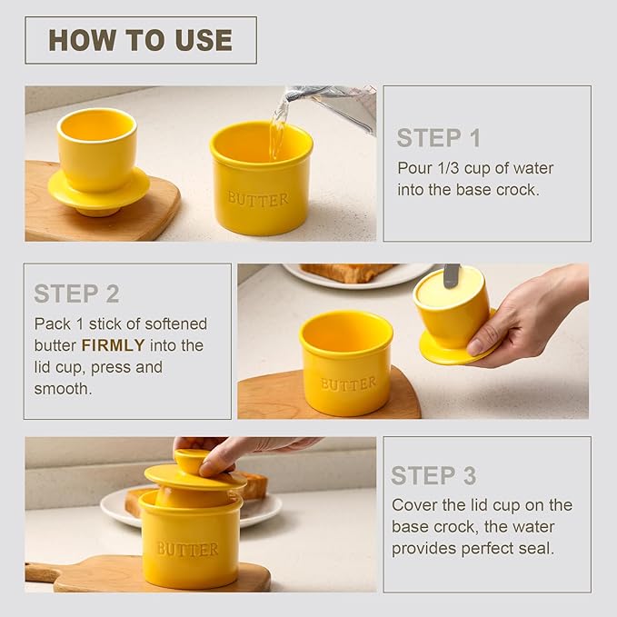 Butter Crock with Lid for Countertop - Ceramic French Butter Dish for Spreadable Soft Butter, Butter Container Holder with a Water Seal, Housewarming Gift, Kitchen and Home Decor, Yellow