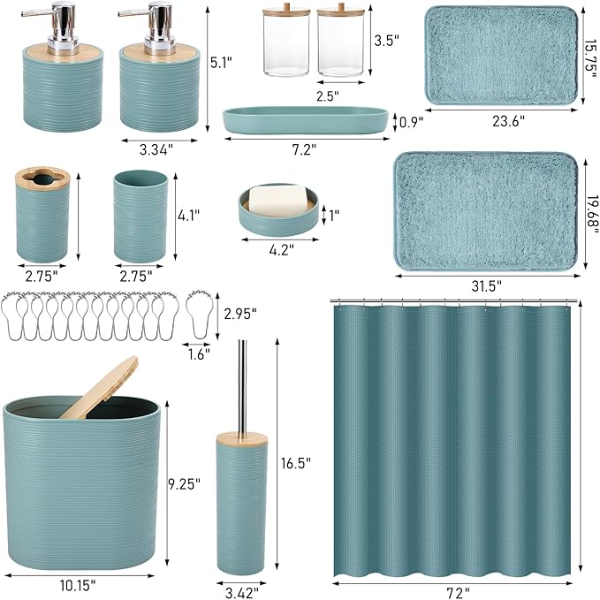 Bathroom Set - Light Blue Bathroom Accessories Set, Bathroom Sets with Shower Curtain and Rugs, 25PC Shower Curtain Set with Hooks, Soap Dispenser, Soap Dish, Toilet Brush Holder and Trash Can