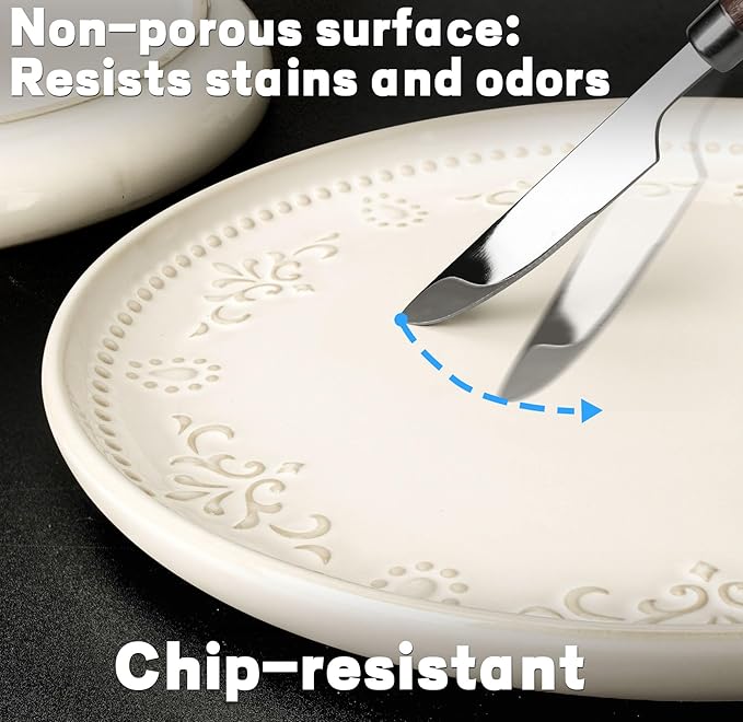 Artena Salad Plates Set Of 4, 8.5 Inch Embossed Appetizer Plates, Ceramic Small Dinner Dessert Plate, With Lipped Edges for Kitchen Microwave Oven Dishwasher Safe (Damask Floral)