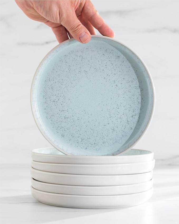 Stoneware breakfast & dessert plates set 2 pcs – Light beige & blue stylish cake plates – Dishwasher, microwave and scratch resistant – Small salad plates – Dinner service