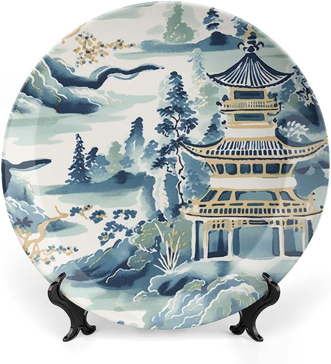 Blue And White Chinoiserie Pagoda Ming Toile Asian Ceramic Decorative Plate for Display Table Art Decoration Supplies Household Office Holiday Party Decorations Customize Gifts for Men Women Holiday
