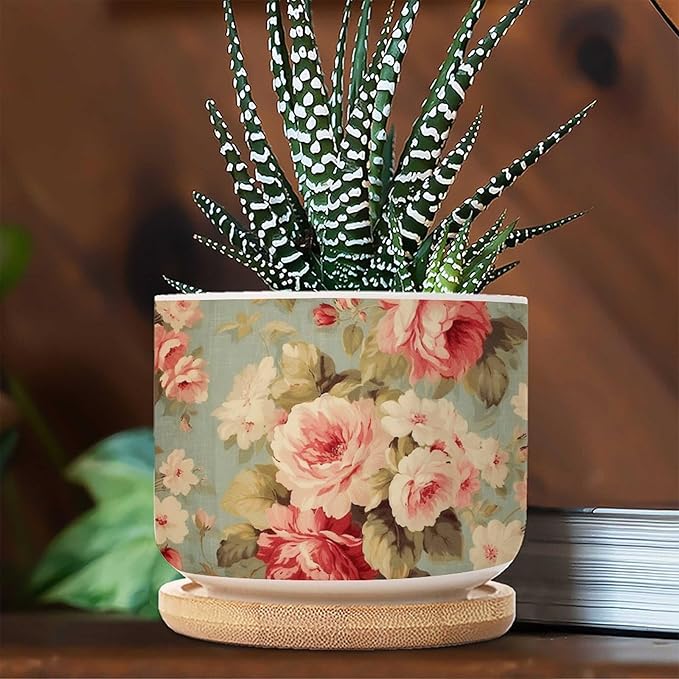 Set of 3 Cottage Chic Antique Pink Flower Small Succulents Pots Pink Cabbage Roses Romantic Ceramics Plant Pot with Drainage Bamboo Trays Oriental Chinoiserie Ceramics Round Planter