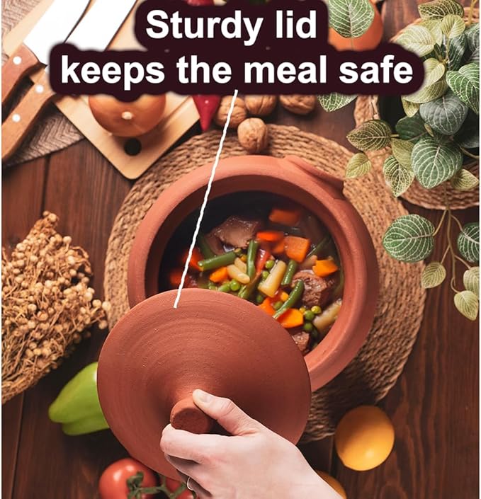 Earthenware Clay Mud Eathern Terracotta Cooking Pot Pottery Cazuela Cookware with Lid Natural Stovetop Stove Top Stone Stew Rice Unglazed Mexican Indian Kitchen Oven Terra Cotta Handcrafted Traditional Healthy (5.2 Quarts - Size2)