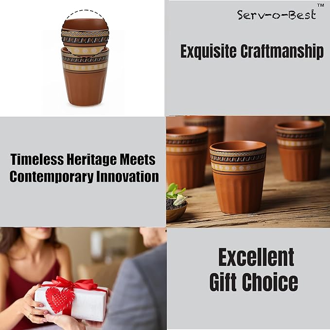 Handmade Cantaritos de Barro Ceramic Tea Cups Set – 6 Desi Kulhad Chai/ Coffee (5 oz Capacity), Lead-Free, Dishwasher & Microwave Safe, Glazed, finish Clay Tea/ kulhar/ kullar - Brown Rangoli desgin