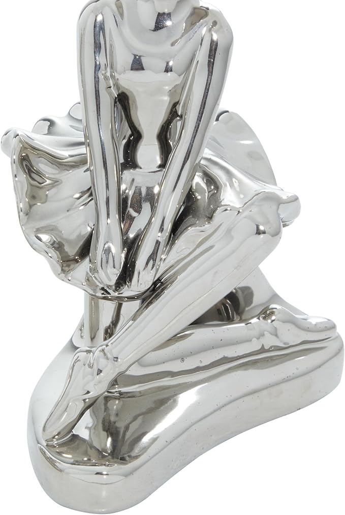 Deco 79 Porcelain Ceramic Dancer Decorative Sculpture Home Decor Statues, set of 2 Accent Figurines 6" x 3" x 7", Silver