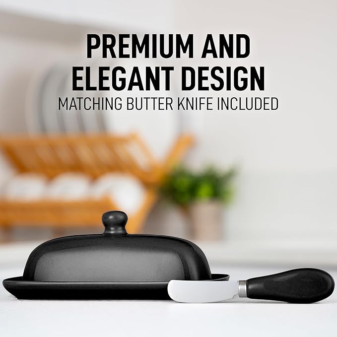 Zulay Kitchen Butter Dish With Lid For Countertop - Porcelain Black, Ceramic Butter Dish with Knob Handle Great for Cooking - Elegant Design Butter Holder - Durable & Sturdy Butter Keeper - Black