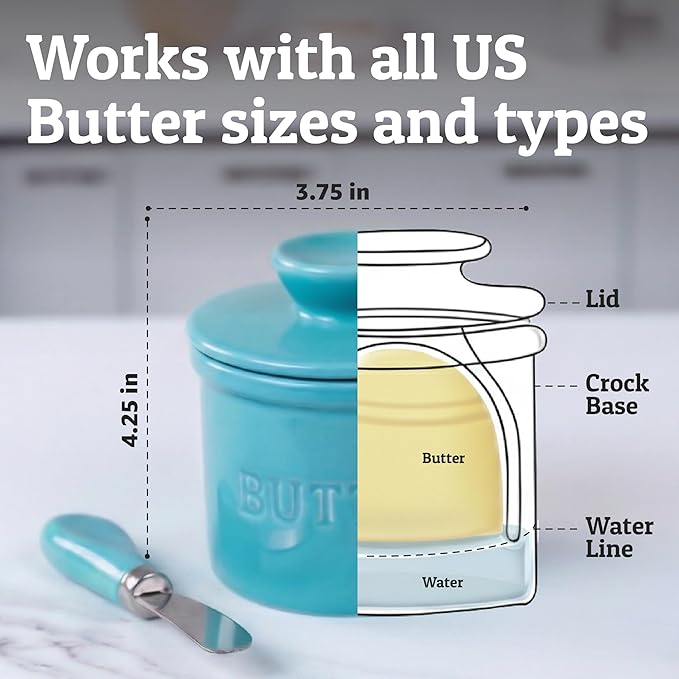PriorityChef Butter Crock with Lid with Water Line, Ceramic French Butter Dish to Leave On Counter, Turquoise