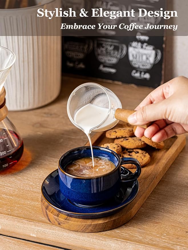 Gomakren 6 Ounce Cappuccino Cups with Saucers and Metal Stand, Stackable Coffee Cup Set of 4, Valentine Porcelain Espresso Cups for Coffee Drinks, Cappuccino, Latte, Americano, Tea, Cobalt Blue