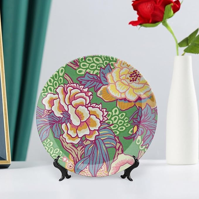 Green And Yellow Chinoiserie Peony Floral Vintage Plates, Asian Colorful Peony Customize Ceramic Salad Plates for Kitchen Wall Decor, with Vertical Stand Art Decorations for Home Household