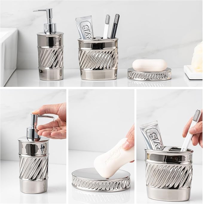 3-Piece Ceramic Bathroom Accessories Set - Soap Dispenser, Toothbrush Holder & Soap Dish with Modern Wave Embossed Design for Bathroom Accessory Set (Silver)
