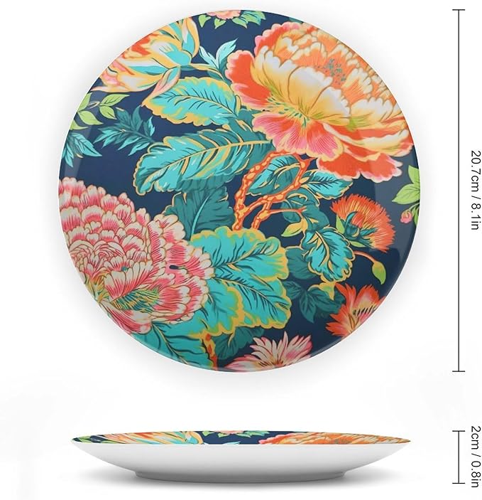 Chinoiserie Peony Floral Decorative Plate, Custom Asian Scenic Chic Chinoiserie Wall Decorative Plate, Club Housewarming Gifts Decorations Art Decoration, Including Bracket And Special Hook
