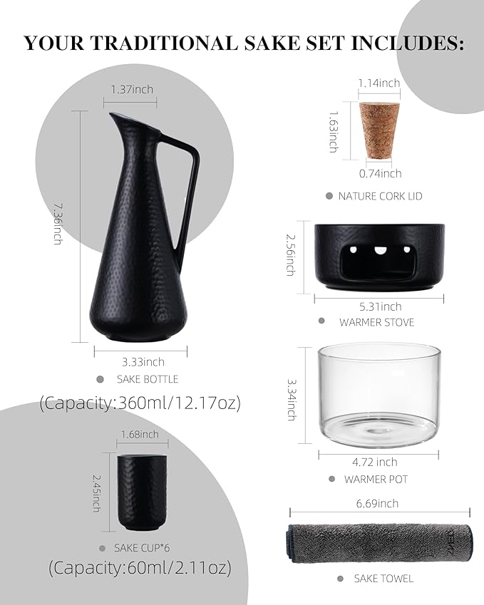 ZENS Sake Set with Warmer, 12 Ounce Embossed Ceramic Sake Bottle 6 Sake Cups and Glass Pot for Hot or Cold Japanese Sake, Black Sake Carafe Gift Sets with Cotton Towel