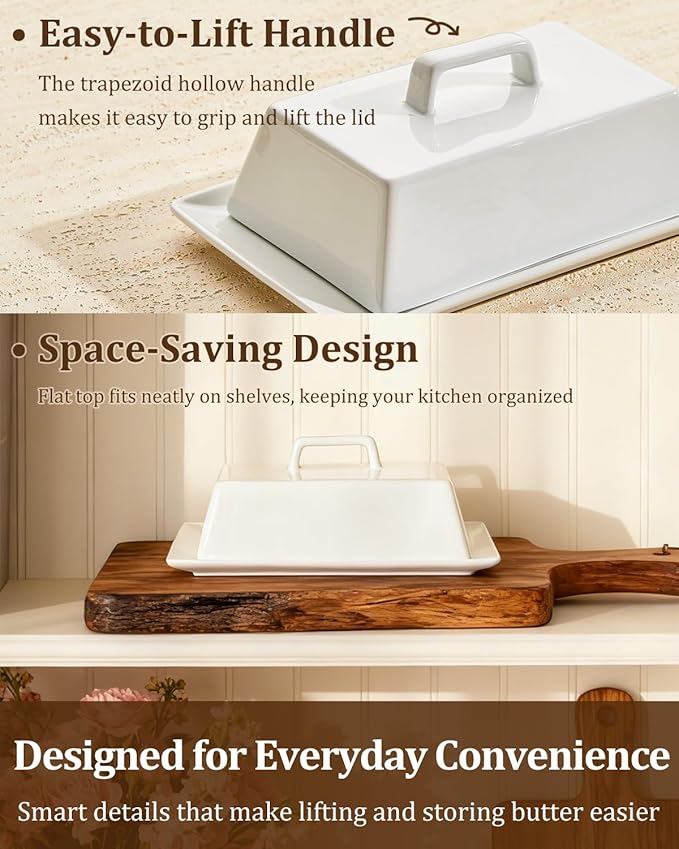 Yedio Large Butter Dish with Lid for Countertop, Porcelain Butter Keeper with Cover and Knife, Butter Holder Tray for 2 Sticks East Coast/West Coast/European Style Butter