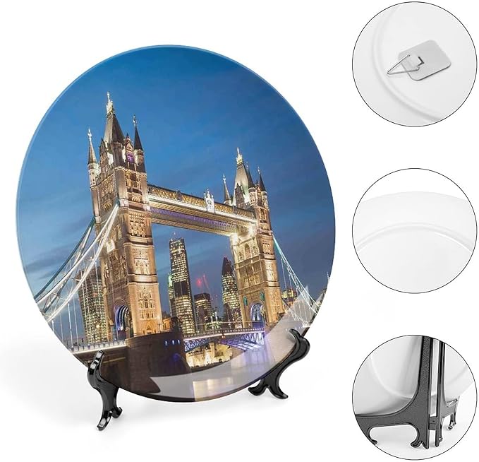 XISUNYA 10 Inch Decorative Plate, London Tableware Plate, Scenery of Landmark Tower Bridge at Twilight Print Ceramic Wall Hanging Decor Accessory for Dining Table Tabletop Home Decor, Blue and Ivory